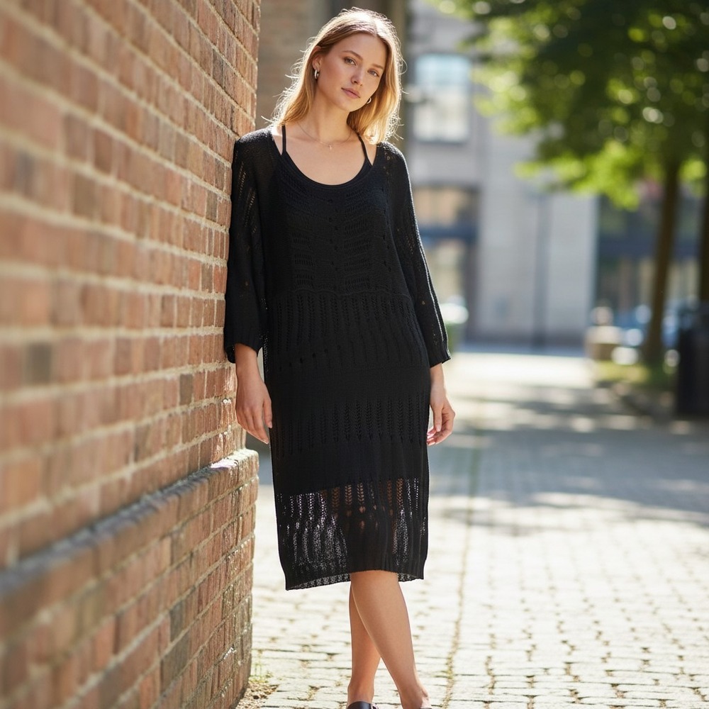 Moda International Black Open Knit‎ Tunic Sweater Sz M Boho Swim Festival Goth
